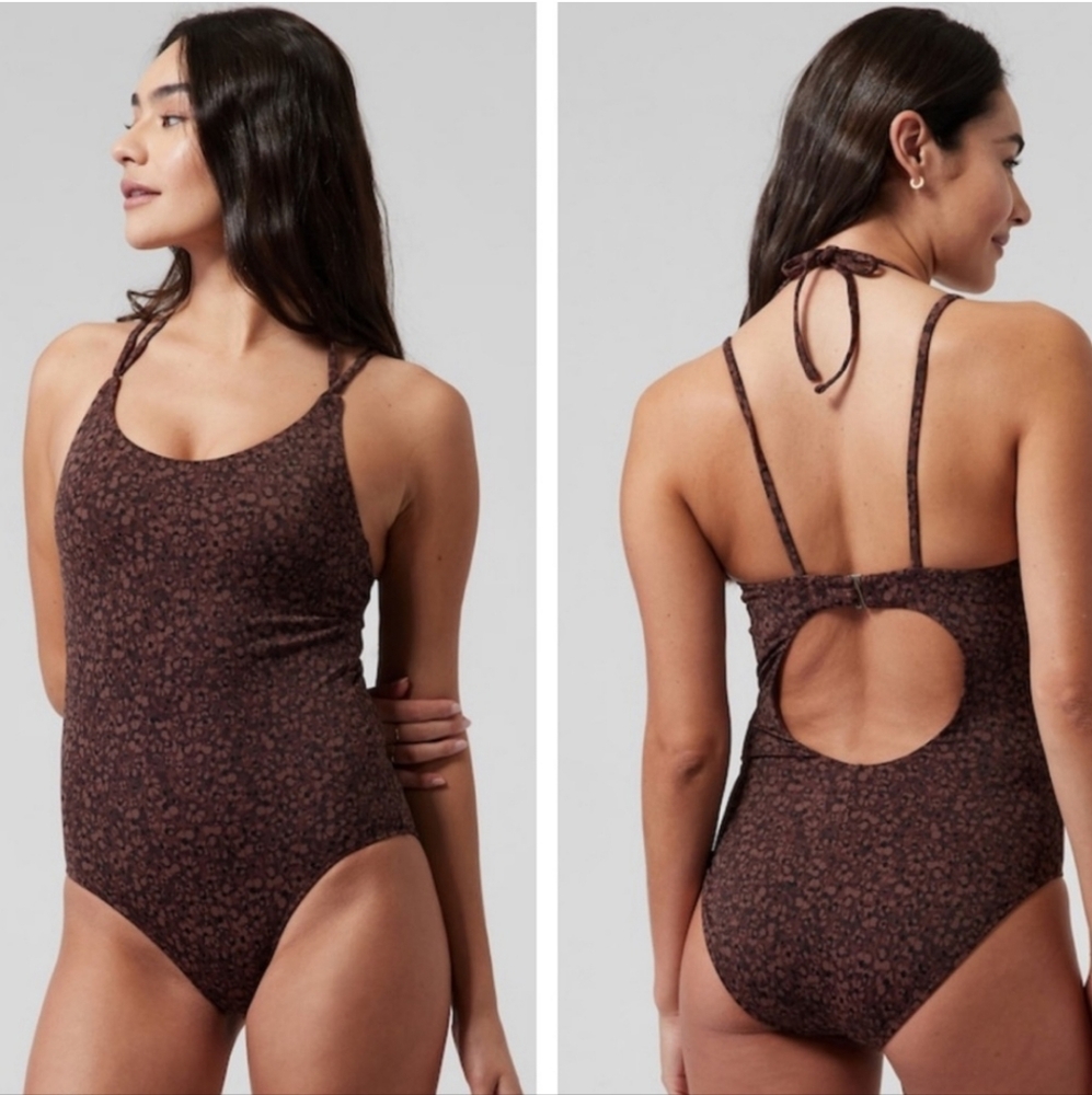 💜 NWT ATHLETA Keyhole Back One Piece Swimsuit Brown Floral Pattern Slimming